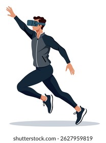 Young man wearing VR headset jogging in virtual reality workout training cyberspace