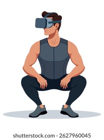 Ilustração vetorial minimalista de um homem usando um fone de ouvido VR enquanto se agacha, simbolizando a integração da realidade virtual em treinamento de aptidão em fundo branco.