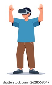 Young man wearing VR headset standing with raised hands enjoying immersive virtual reality experience cartoon illustration