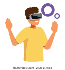 Young man wearing vr headset is chatting in metaverse using innovative technology