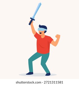 young man wearing vr headset holding a sword in virtual reality game