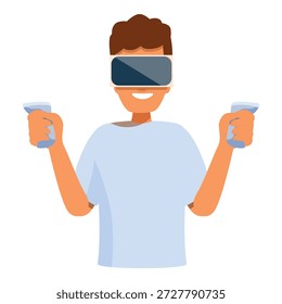 Hombre joven que lleva los auriculares del vr y que sostiene los controladores, experimentando el juego inmersivo de la realidad virtual