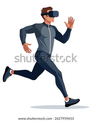 Young man wearing VR headset running in virtual reality workout training cyberspace