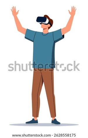 Young man wearing VR headset with arms raised in immersive virtual reality isolated