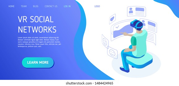 Young man wearing vr helmet communicates in a virtual social network. Boy interacts with virtual interface on social media. Template for landing page header for website. Isometric vector illustration