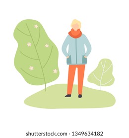 Young Man Wearing Warm Clothes Walking in Spring Park Vector Illustration
