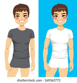 Young man wearing white and gray interior shirt and boxer underwear isolated on white and blue background