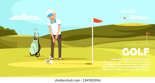 Young Man Wearing White Shirt and Cap Holding Golf Club Trying to Hit Ball and Put it in Hole on Playing Course with Green Grass in Summer Sunny Day Cartoon Flat Vector Illustration. Horizontal Banner