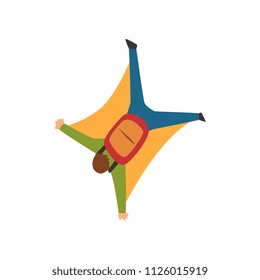 Young Man Wearing Wing Suit Flying In The Sky, Extreme Sport And Skydiving Concept Vector Illustration On A White Background