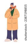 Young man wearing winter clothes, warm hat, knit shirt, scarf and long coat. Using a smartphone to listen to music with headphones. Flat cartoon style vector illustration isolated on white background