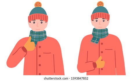 Young man wearing winter clothes showing thumbs up sign. Like, cool gesturing. Male personage agree, approve, accept, deal. Seasonal isolated vector illustration in cartoon flat style.