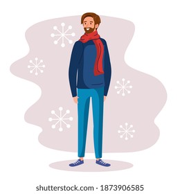 young man wearing winter clothes character vector illustration design