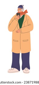 Young man wearing winter clothes, warm hat, knit shirt, scarf and long coat. Using a smartphone to listen to music with headphones. Flat cartoon style vector illustration isolated on white background