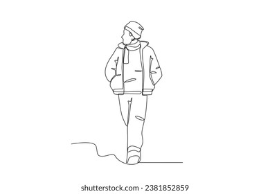 Un joven con una chaqueta de invierno. Dibujo de una línea de conjunto de invierno