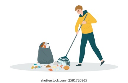 Young man wearing yellow hoodie raking trash into garbage bag. Volunteer clean-up park garbage. Vector illustration promoting environmental awareness and cleanliness.