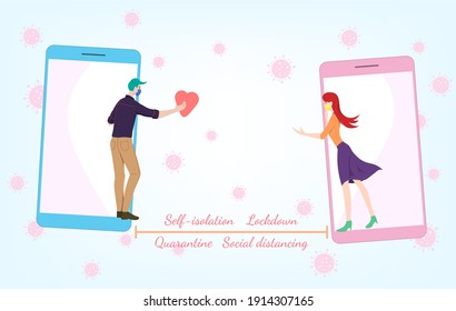 Young man wears a face mask using a smartphone to communicate and send love to girlfriend during Self-isolation and quarantine in coronavirus (COVID-19) crisis.