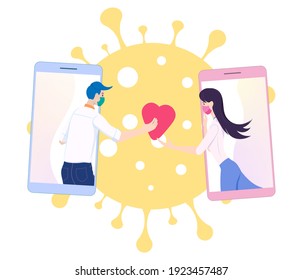 Young man wears a face mask using a smartphone to communicate and send love to girlfriend during Self-isolation and quarantine in coronavirus (COVID-19) crisis.