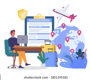 Young man wears glasses, tour agent at table using laptop, huge clipboard with document and shield, suitcases on casters, large globe with geolocations, airplane, plants. Travel Insurance Concept