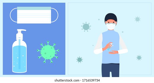 The young man wears a mask and uses alcohol gel to prevent infection