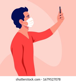 A young man wears medical mask takes a selfie and holds smartphone in his hand. Coronavirus. A blogger. Epidemic and pandemic. Vector flat illustration