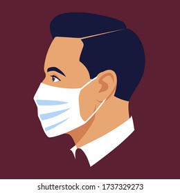 Young man wears medical mask. Virus and disease prevention. Concept of coronavirus 2019-nCoV quarantine. Avatar male portrait, profile face. Stock vector illustration in flat style.