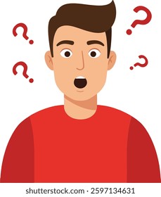 A young man wears a red shirt, showing surprise with wide eyes and an open mouth, surrounded by question marks, embodying curiosity and confusion.