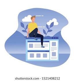 young man with web page in landscape vector illustration design