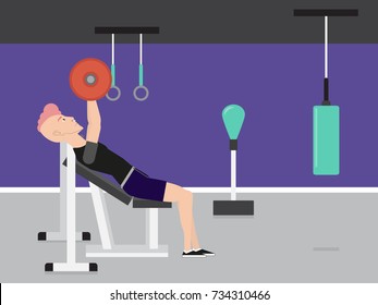Young man weight training in the gym. Chest muscles workout. Barbell incline bench press. Sport, fitness, lifestyle and people concept illustration vector.
