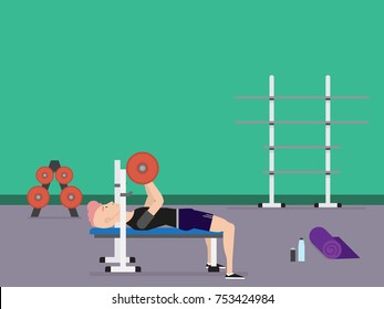 Young man weight training in the gym. Chest muscles workout. Barbell bench press. Sport, fitness, lifestyle and people concept illustration vector.
