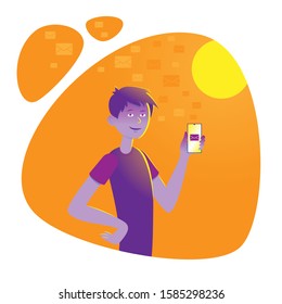 A young man with a welcoming gesture with a phone in his hand against the background of the sun. Vector illustration for your summer banner, invitation cards, party flyers