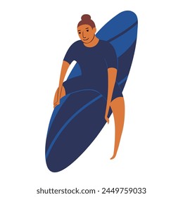 Young man in wetsuit surfing on surfboard cute cartoon character illustration. Hand drawn flat style design, isolated vector. Summer holidays, vacations, outdoors, beach activity, seasonal element