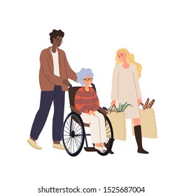 A young man in a wheelchair carries an elderly woman next to them and carries bags of food. Vector illustration