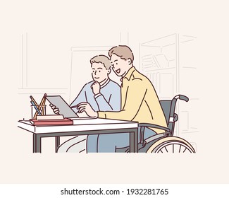 Young man in wheelchair with colleague at workplace. Hand drawn style vector design illustrations.