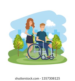 young man in wheelchair with female helper