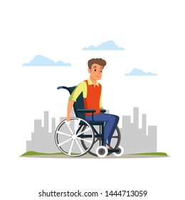 Young man in wheelchair flat vector illustration. Sad disabled, handicapped guy cartoon character. Lonely depressed invalid with legs disability on outdoor stroll in park. Trauma rehabilitation