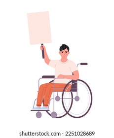 Young man in wheelchair holding clean empty banner or placard. Activism, social movement. Democracy, rally and protest. Person with physical disability. Vector illustration in flat style