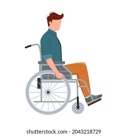 Young man in wheelchair isolated on white background. Handicapped man. Vector illustration in flat style. 