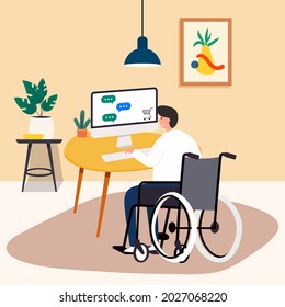 Young man in wheelchair with laptop computer working on table at home in cartoon character, Vector illustration 
