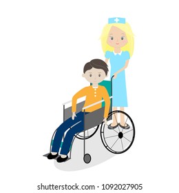 a young man in a wheelchair nurse carried at white background