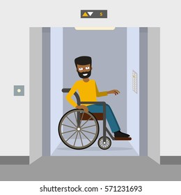 Young man in a wheelchair using elevator. Vector illustration. Flat style. Concept for barrier free environment for physically challenged people. 