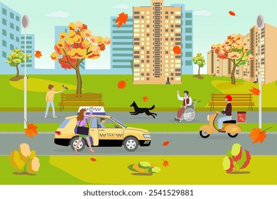 a young man in a wheelchair and a young woman who arrived by taxi met in an autumn park where a teenage girl is walking with a dog and a dove on her hand, against the backdrop of a city landscape