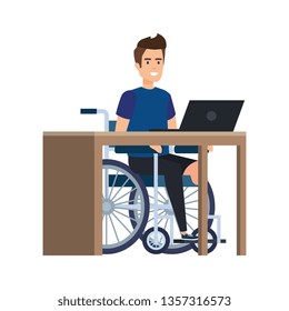 young man in wheelchair working in the office