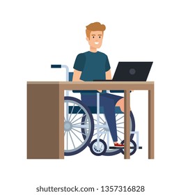 young man in wheelchair working in the office