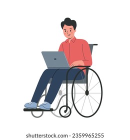 Young man in wheelchair working on computer. Vector flat style cartoon  illustration