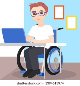 Young man in wheelchair working. Vector
