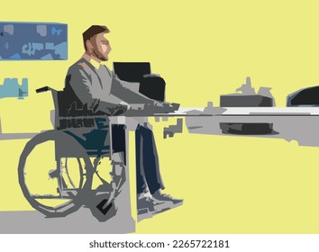 Young man in wheelchair at workplace with drawing art vector.  