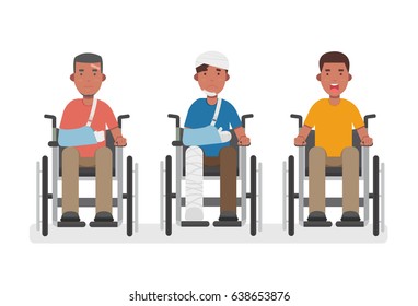 Young man in wheelchairs set, cartoon vector illustration. Injury and disability concept, rehabilitation from accident.