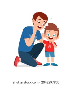 young man whisper secret to cute little boy