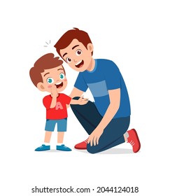 young man whisper secret to cute little boy