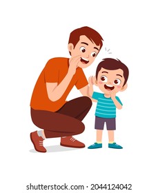 young man whisper secret to cute little boy